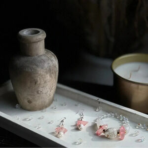 Beaded Stone Jewelry Set Earrings & Stretch Bracelet 7" Pink , Gold/White Stones